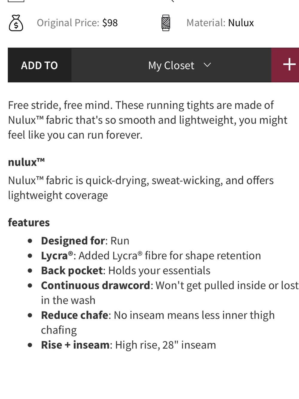 NWOT!! Lululemon Base Pace High-Rise Tight - Picture 5 of 10